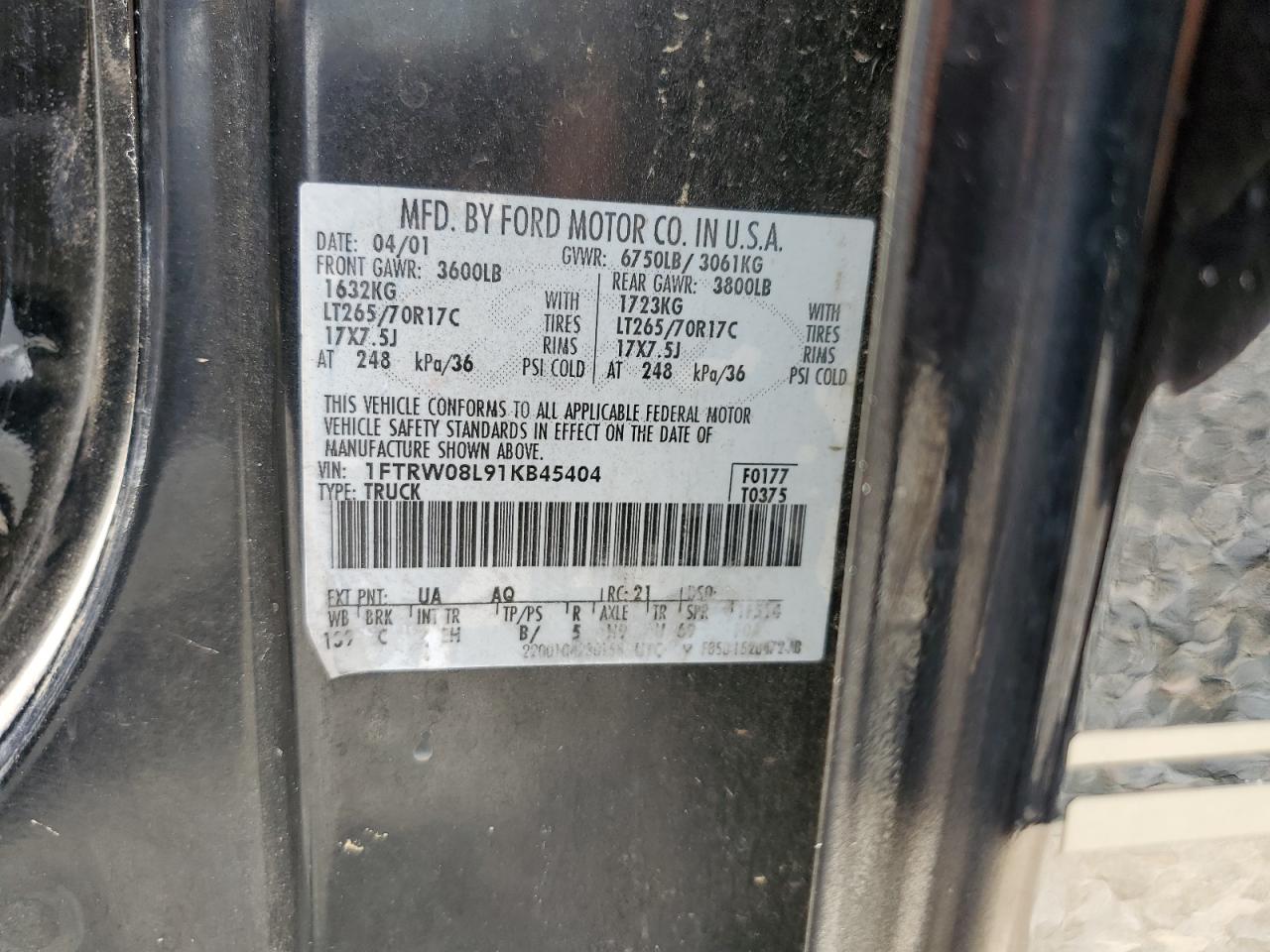 2001 Ford F150 Supercrew VIN: 1FTRW08L91KB45404 Lot: 56240104