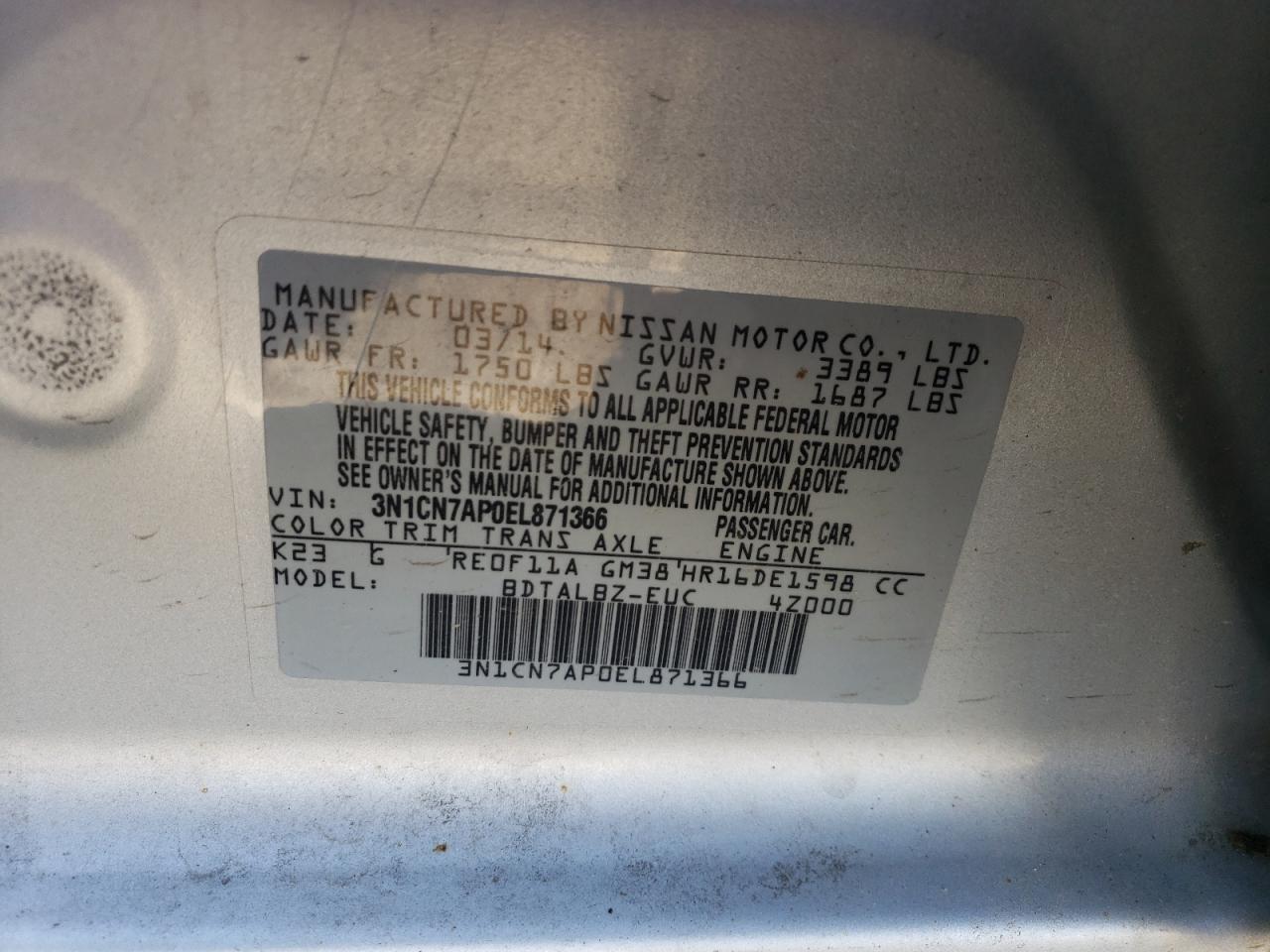 2014 Nissan Versa S VIN: 3N1CN7AP0EL871366 Lot: 56264034