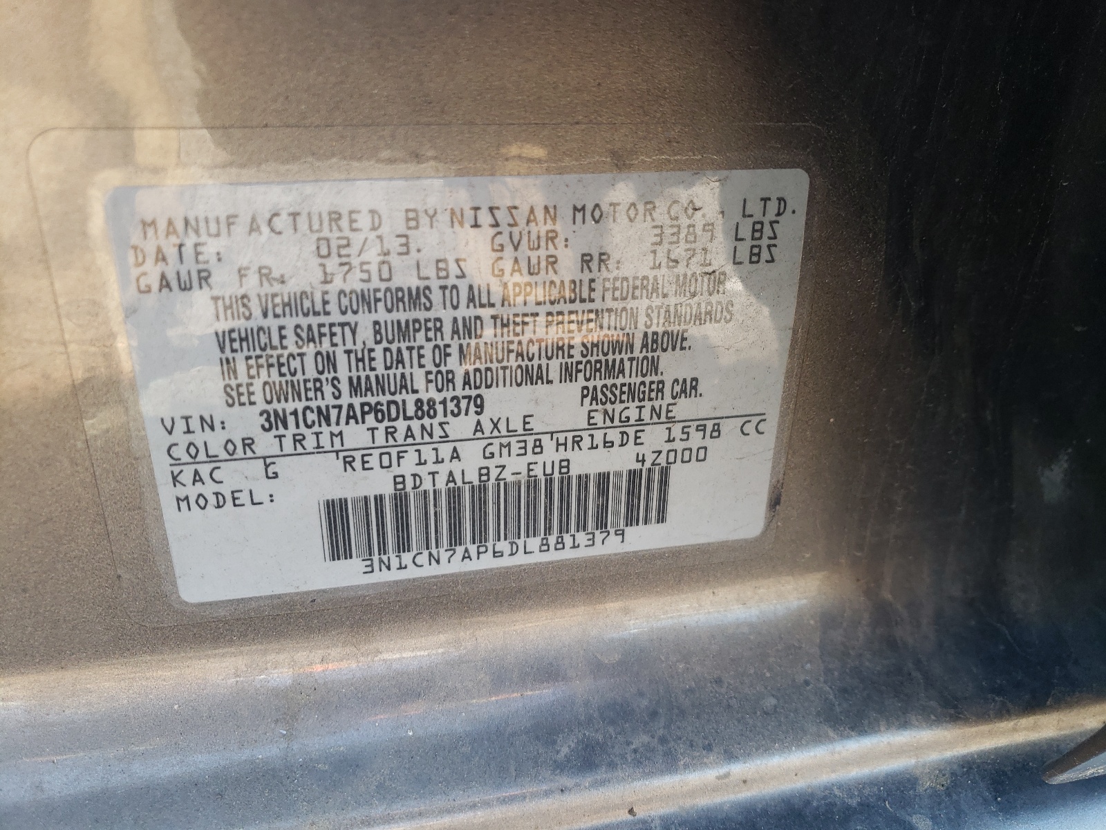 3N1CN7AP6DL881379 2013 Nissan Versa S