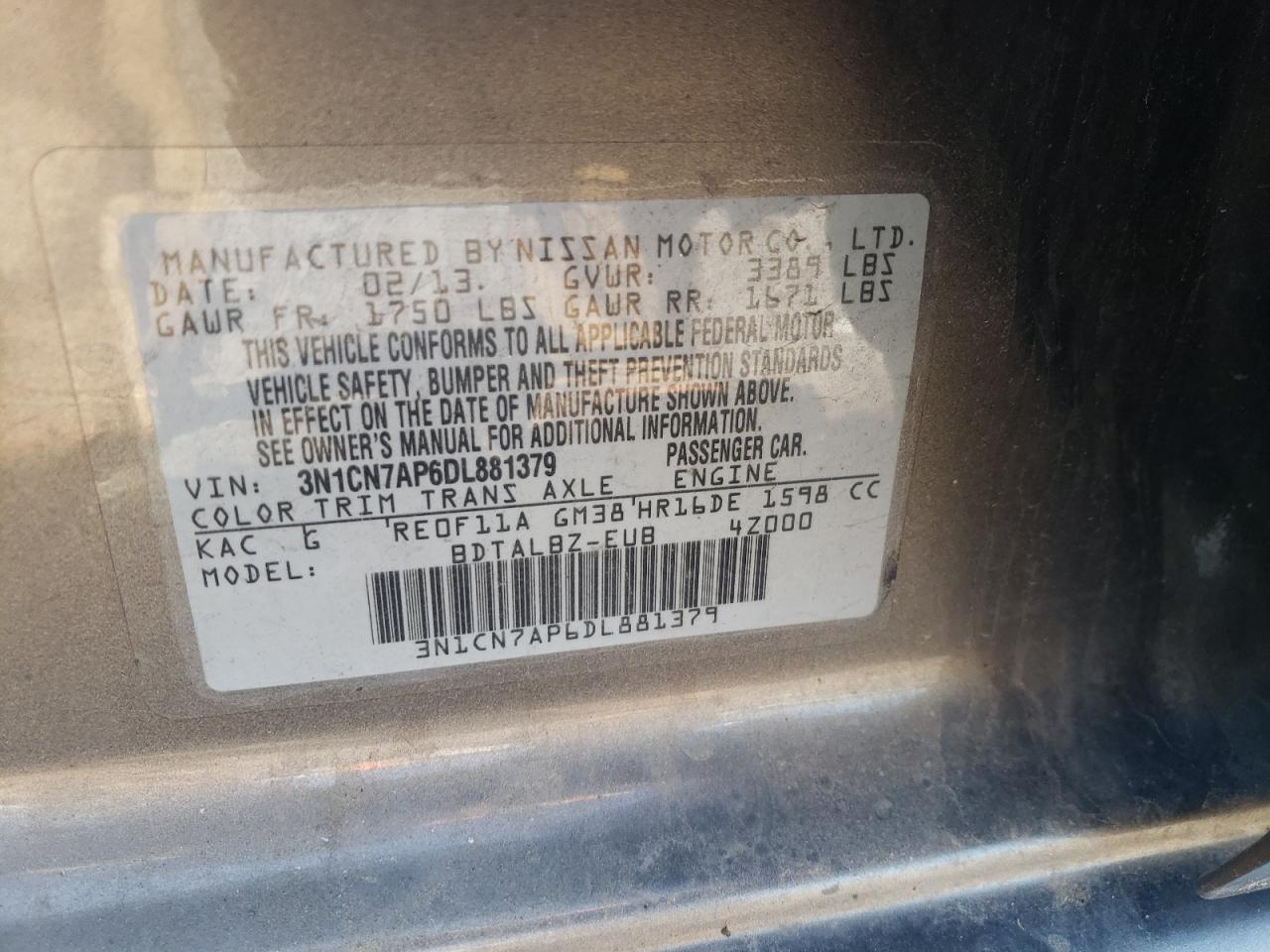 2013 Nissan Versa S VIN: 3N1CN7AP6DL881379 Lot: 56312294