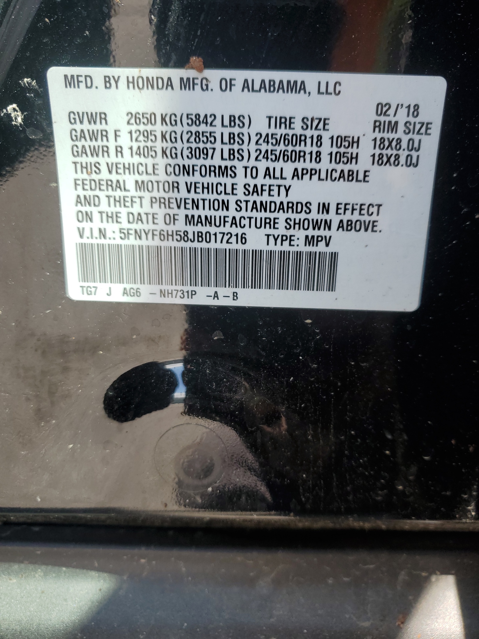 5FNYF6H58JB017216 2018 Honda Pilot Exl