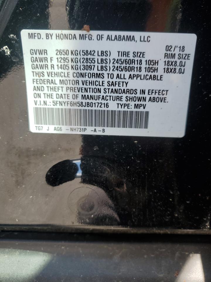 2018 Honda Pilot Exl VIN: 5FNYF6H58JB017216 Lot: 56923304