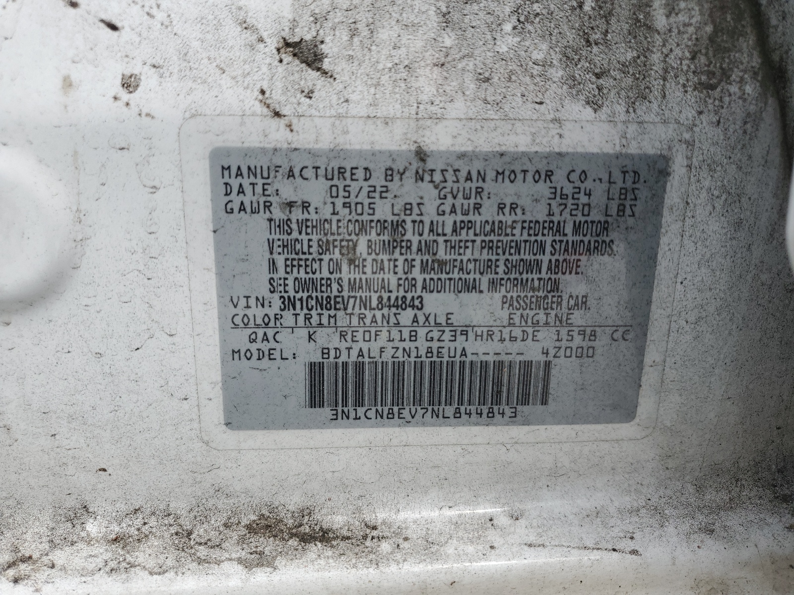 3N1CN8EV7NL844843 2022 Nissan Versa Sv