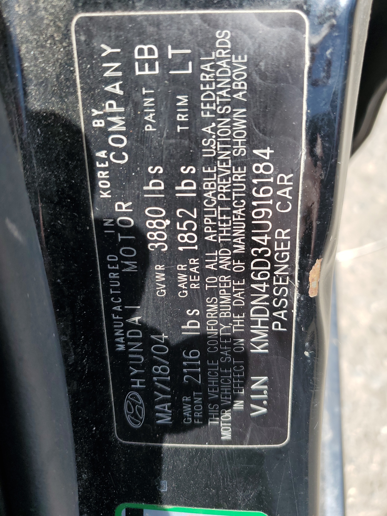 KMHDN46D34U916184 2004 Hyundai Elantra Gls