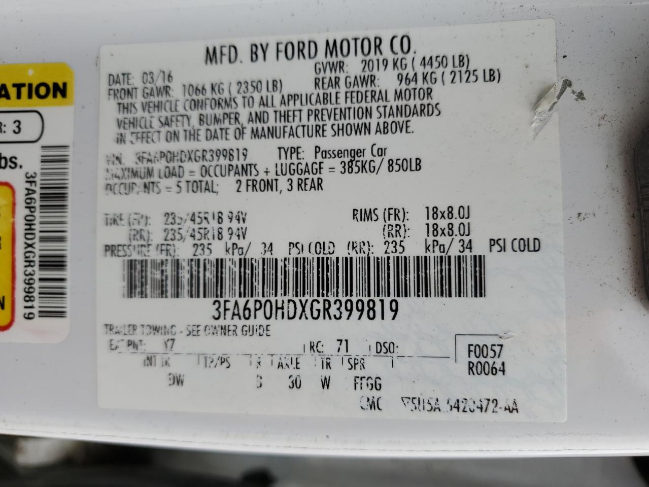 2016 Ford Fusion Se VIN: 3FA6P0HDXGR399819 Lot: 81848394