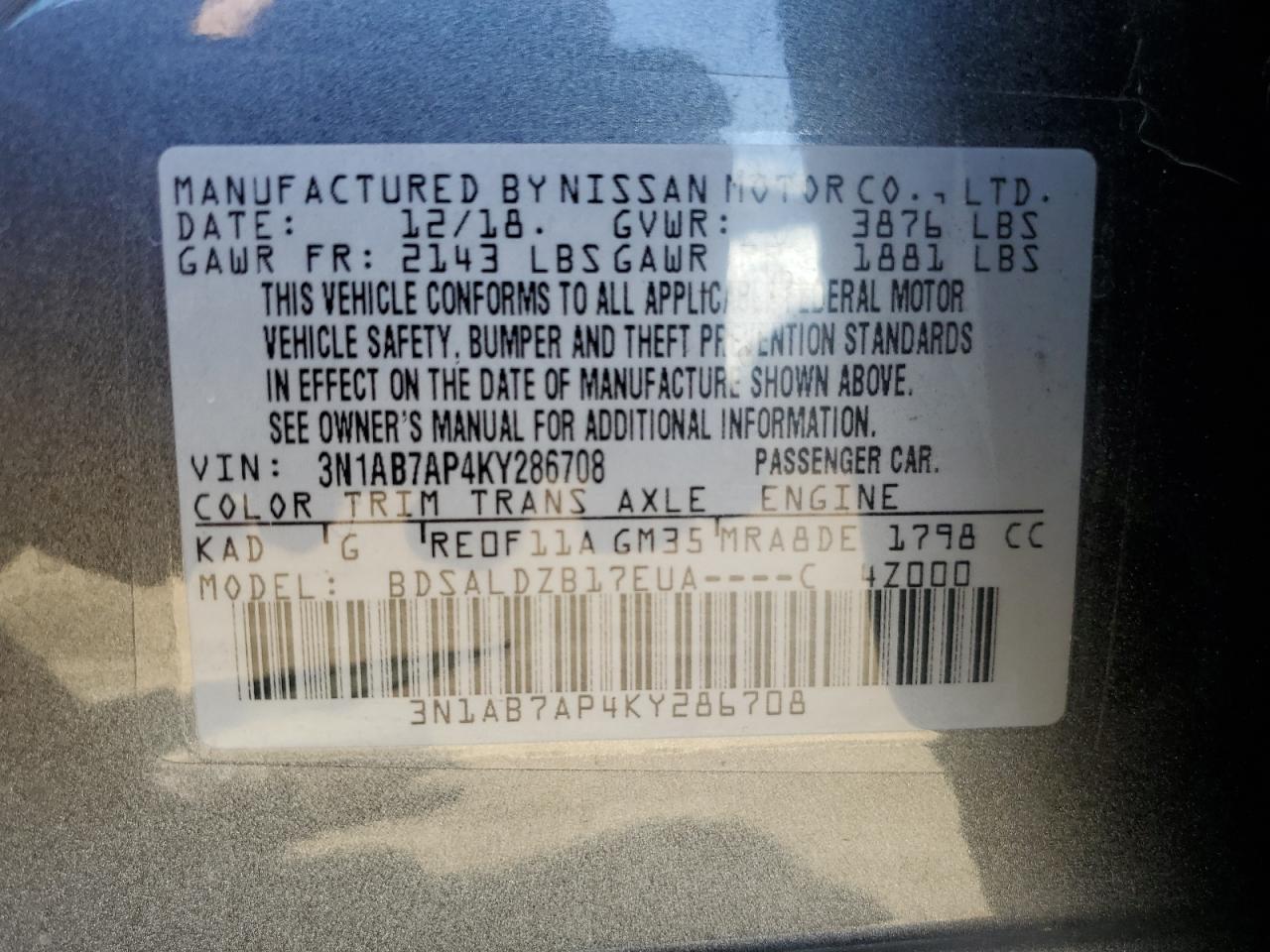 3N1AB7AP4KY286708 2019 Nissan Sentra S