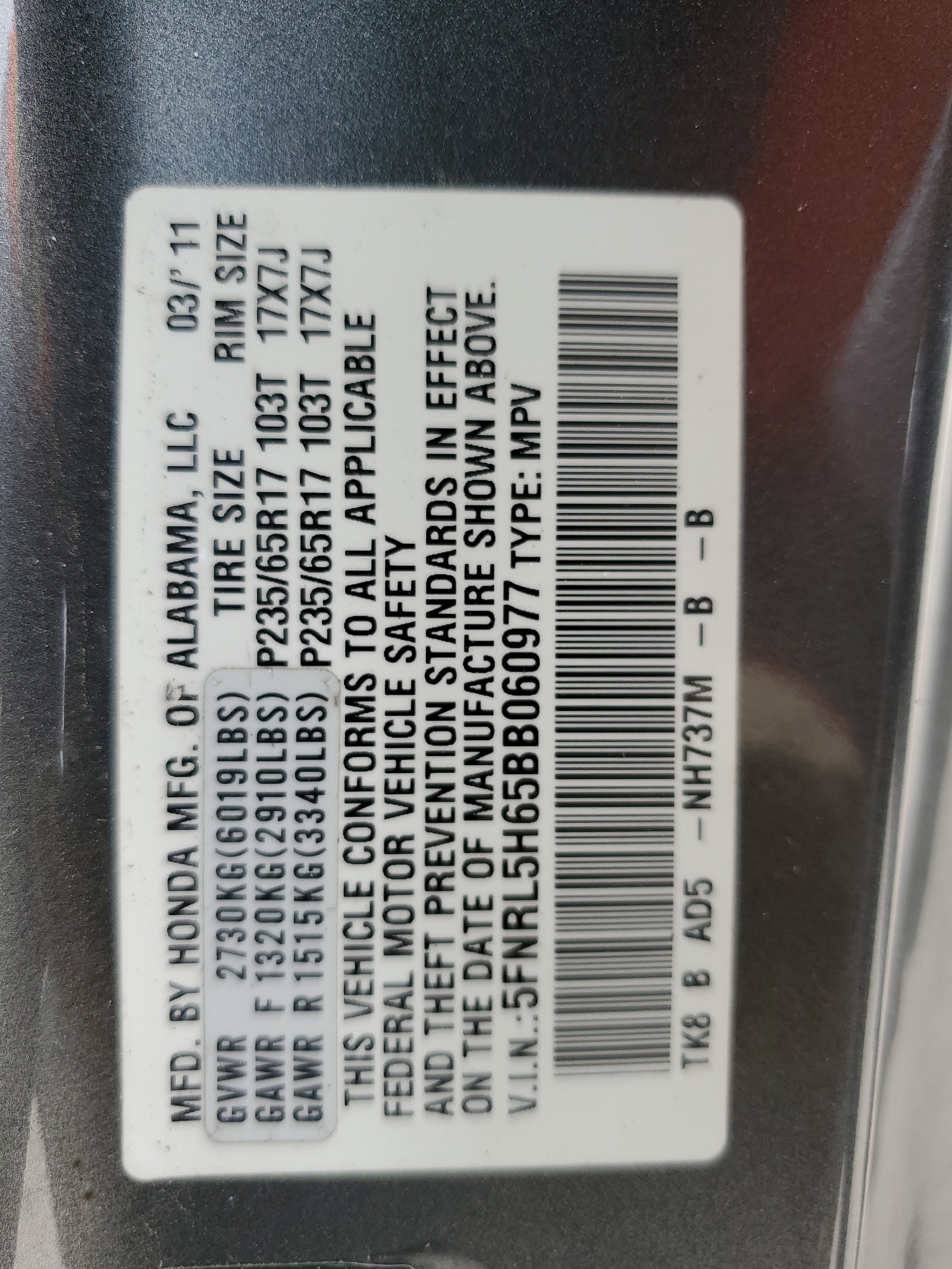 5FNRL5H65BB060977 2011 Honda Odyssey Exl