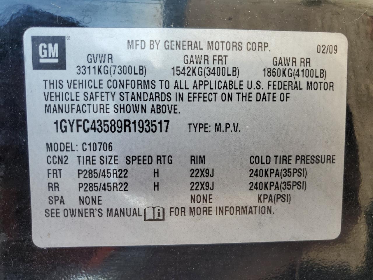 2009 Cadillac Escalade Hybrid VIN: 1GYFC43589R193517 Lot: 84739124