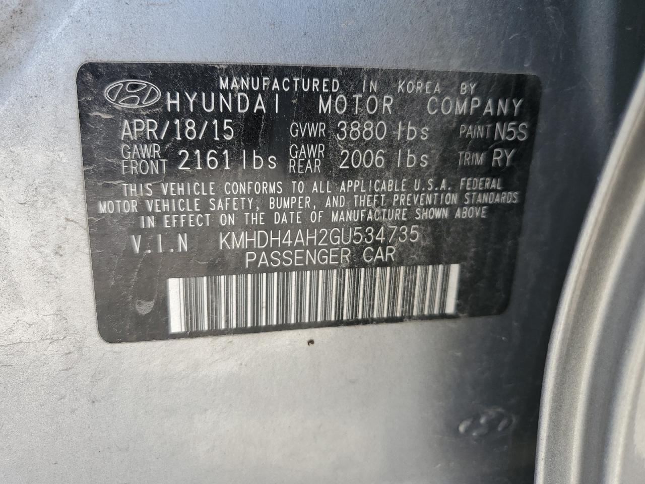 KMHDH4AH2GU534735 2016 Hyundai Elantra Se