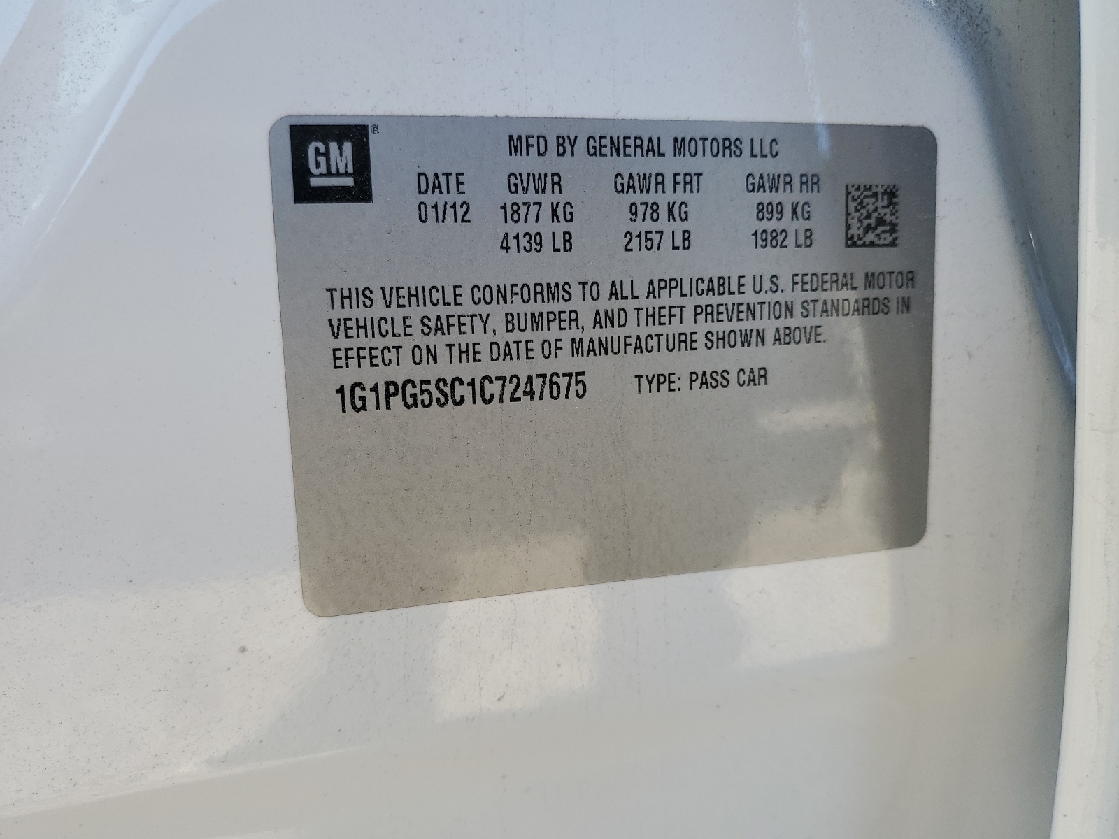 1G1PG5SC1C7247675 2012 Chevrolet Cruze Lt