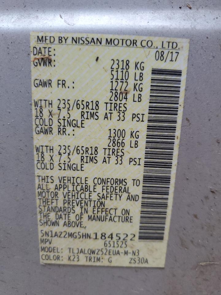 2017 Nissan Murano S VIN: 5N1AZ2MG5HN184522 Lot: 56108004