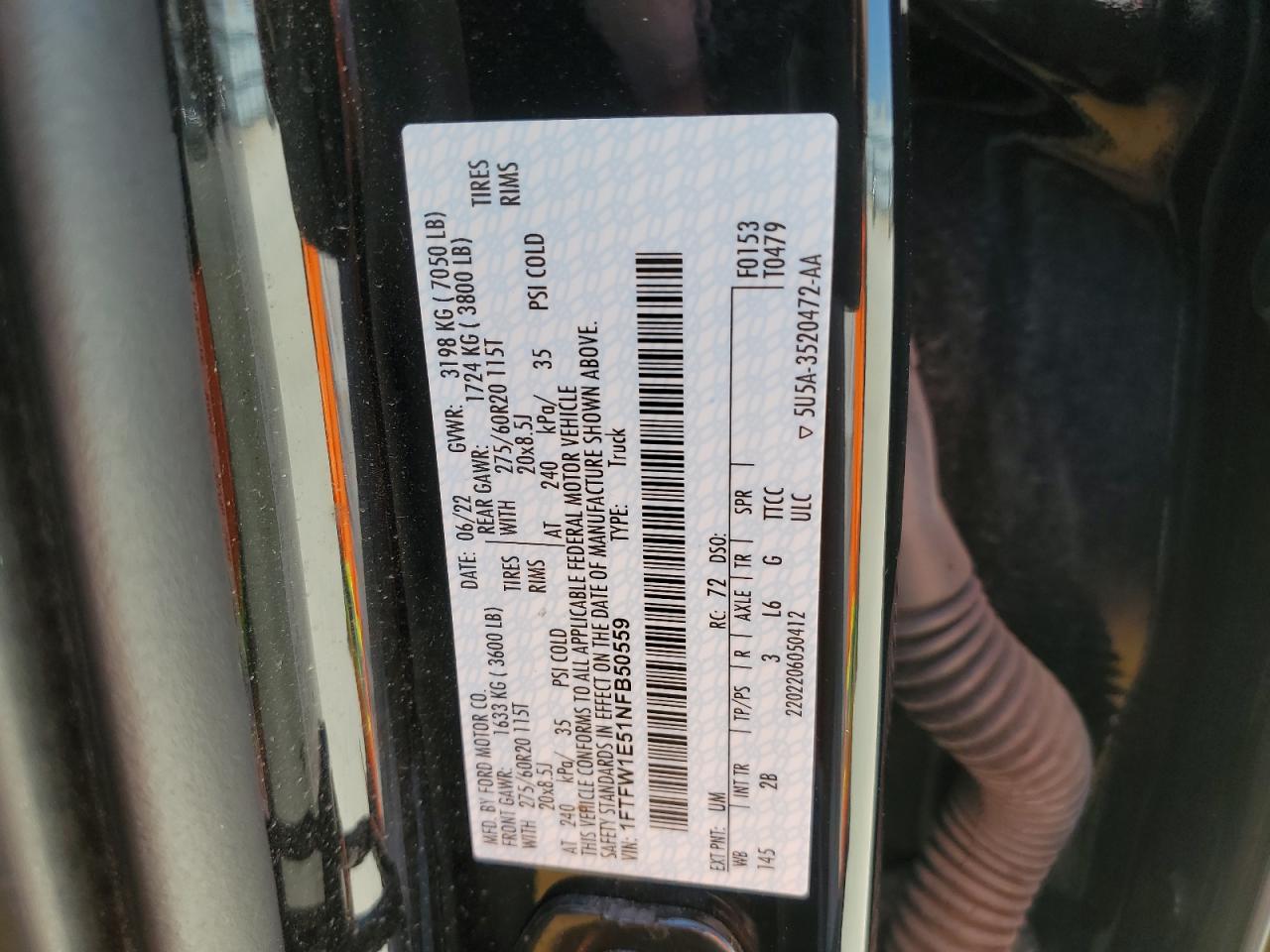 2022 Ford F150 Supercrew VIN: 1FTFW1E51NFB50559 Lot: 57170854