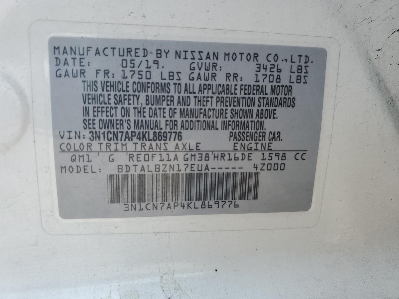 3N1CN7AP4KL869776 2018 Nissan Versa S