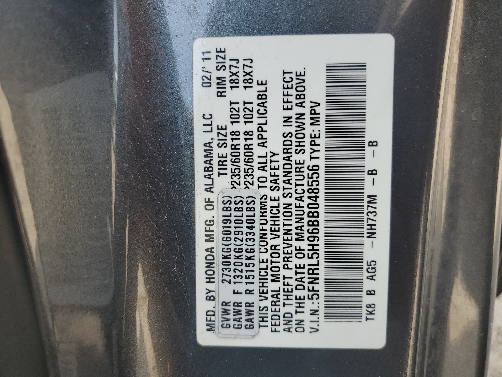 5FNRL5H96BB048556 2011 Honda Odyssey Touring