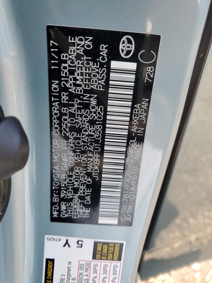 2018 Toyota Prius VIN: JTDKBRFU1J3581025 Lot: 52936994