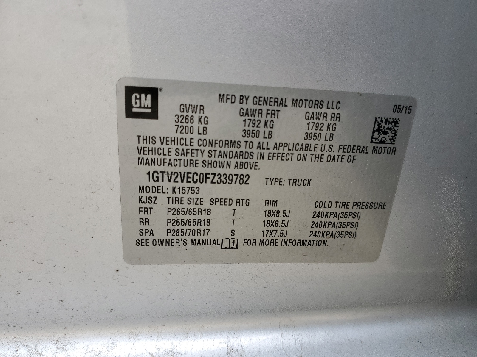 1GTV2VEC0FZ339782 2015 GMC Sierra K1500 Slt