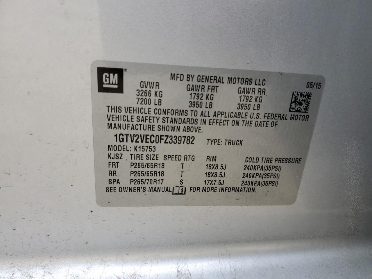 2015 GMC Sierra K1500 Slt VIN: 1GTV2VEC0FZ339782 Lot: 55538644