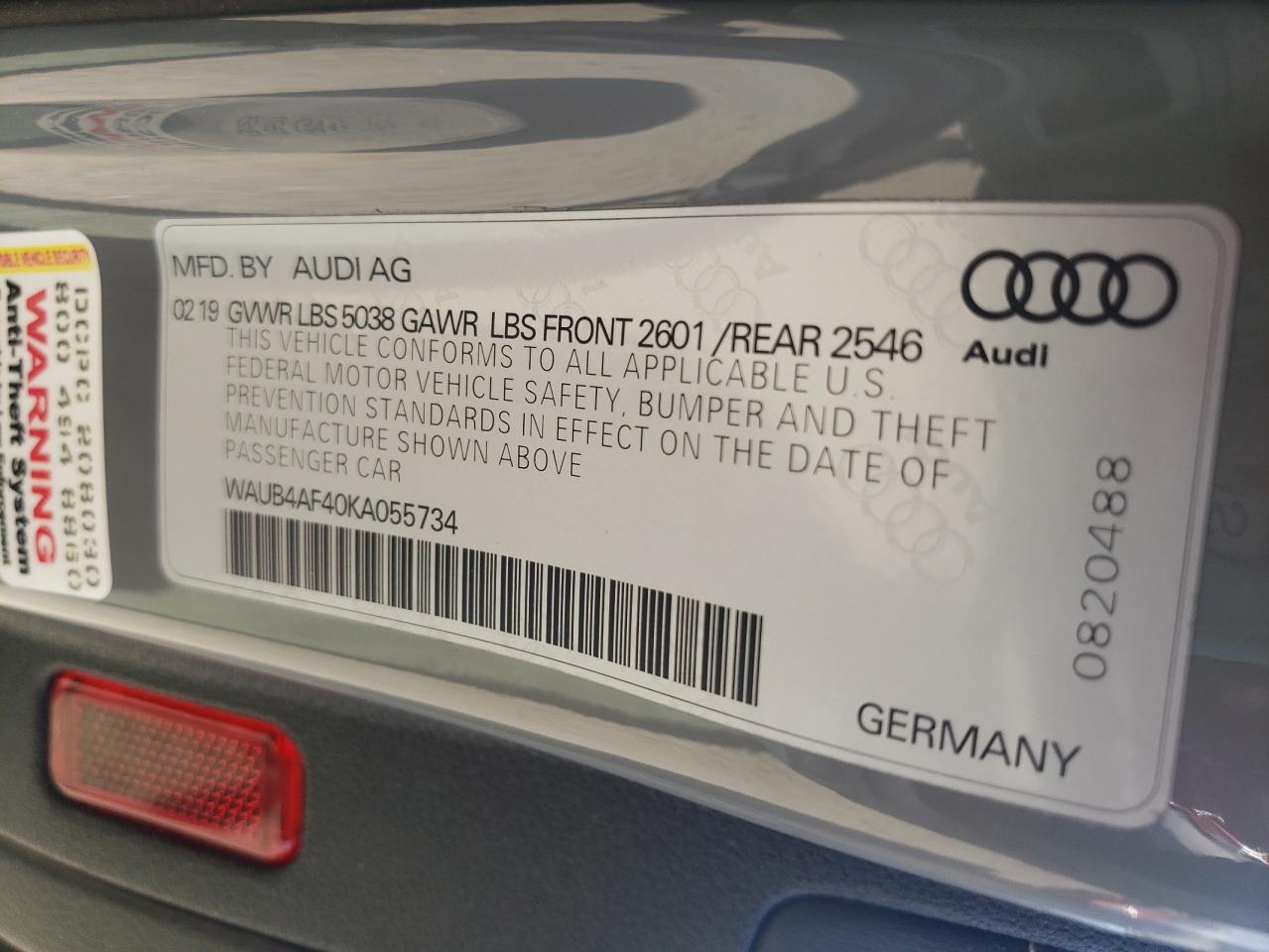 2019 Audi S4 Premium Plus VIN: WAUB4AF40KA055734 Lot: 53849514