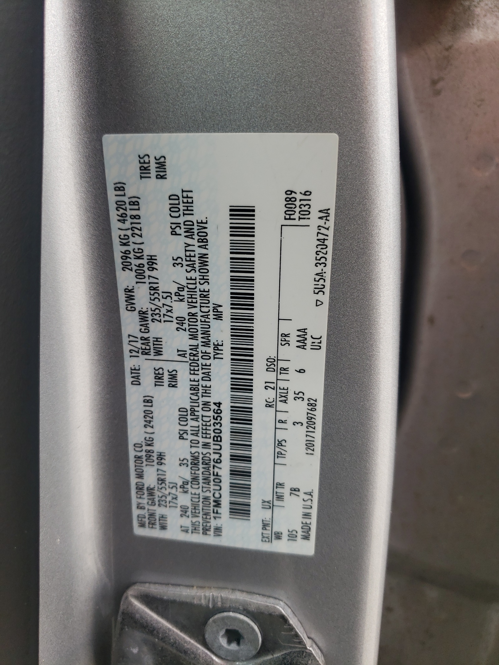 1FMCU0F76JUB03564 2018 Ford Escape S