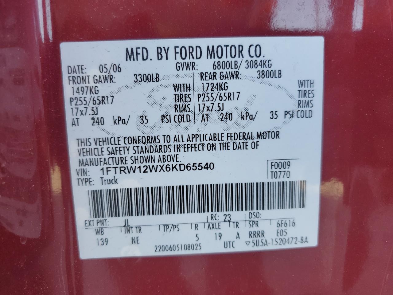 2006 Ford F150 Supercrew VIN: 1FTRW12WX6KD65540 Lot: 52857024