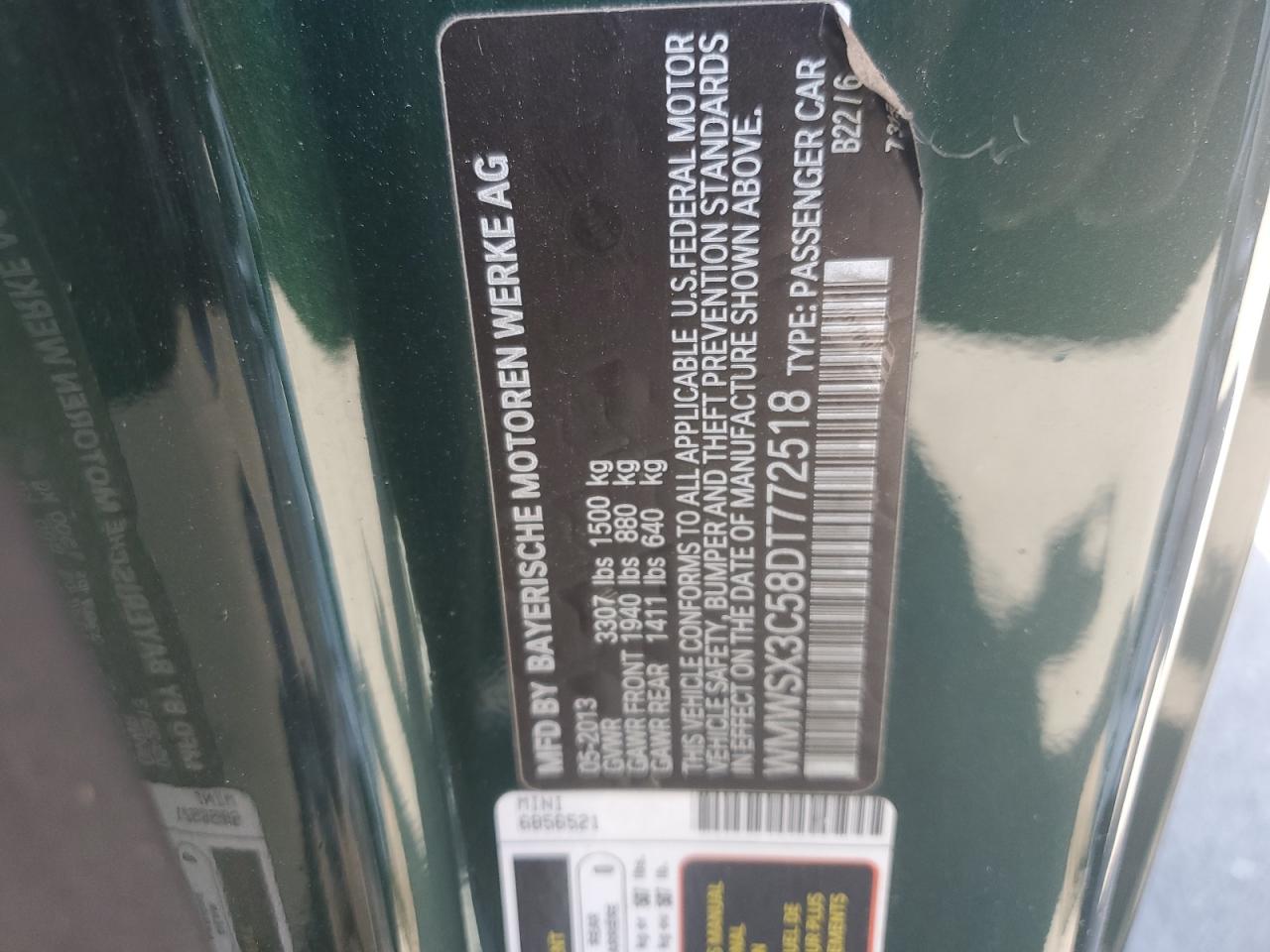 2013 Mini Cooper Coupe S VIN: WMWSX3C58DT772518 Lot: 57113884