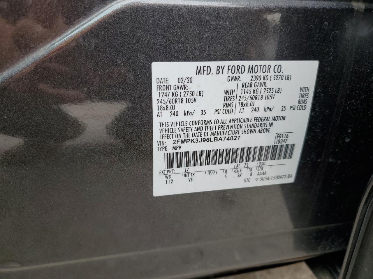 2020 Ford Edge Sel VIN: 2FMPK3J96LBA74027 Lot: 57189154