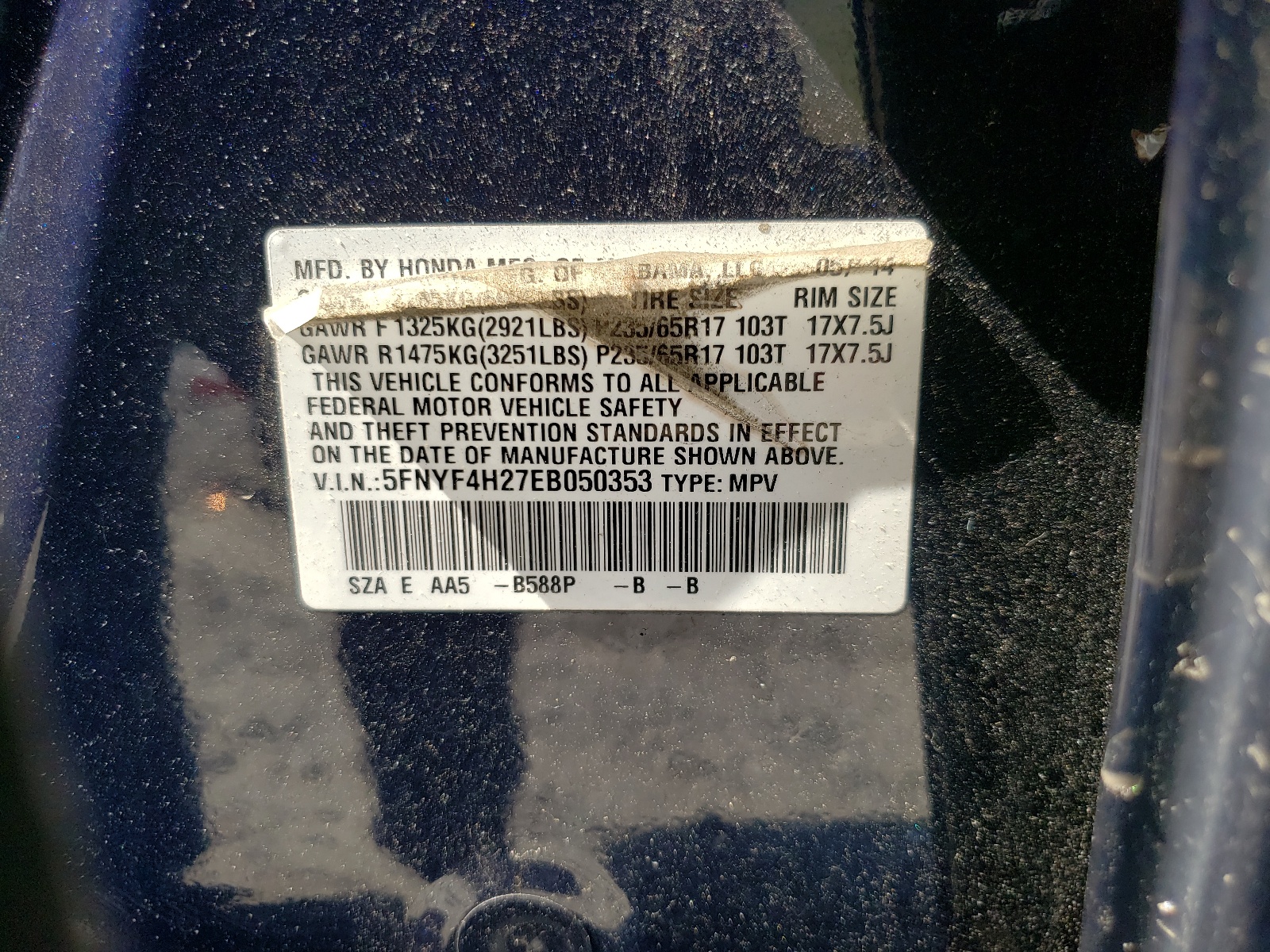 5FNYF4H27EB050353 2014 Honda Pilot Lx