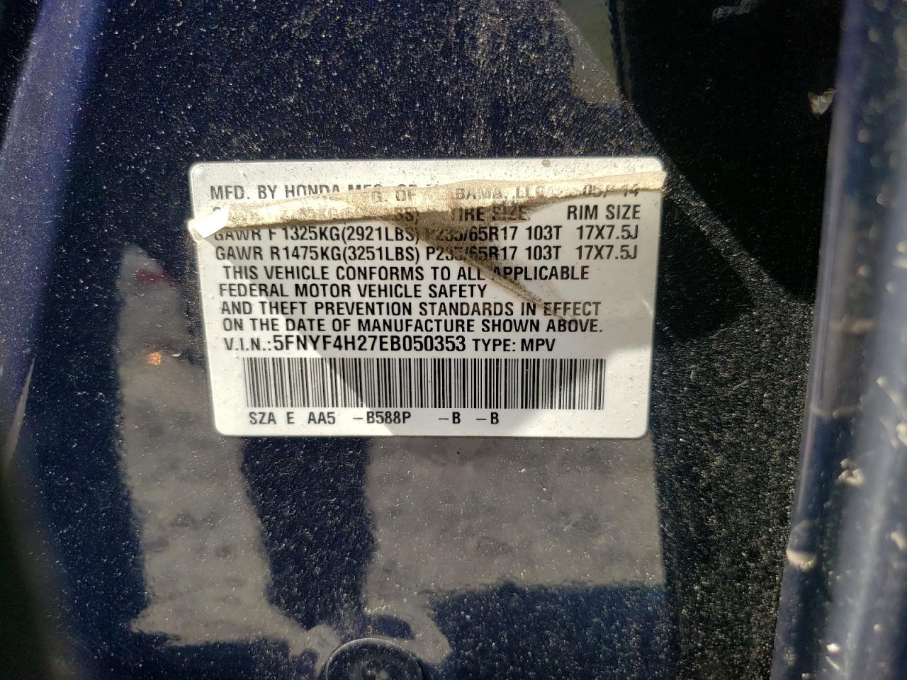 2014 Honda Pilot Lx VIN: 5FNYF4H27EB050353 Lot: 55552204