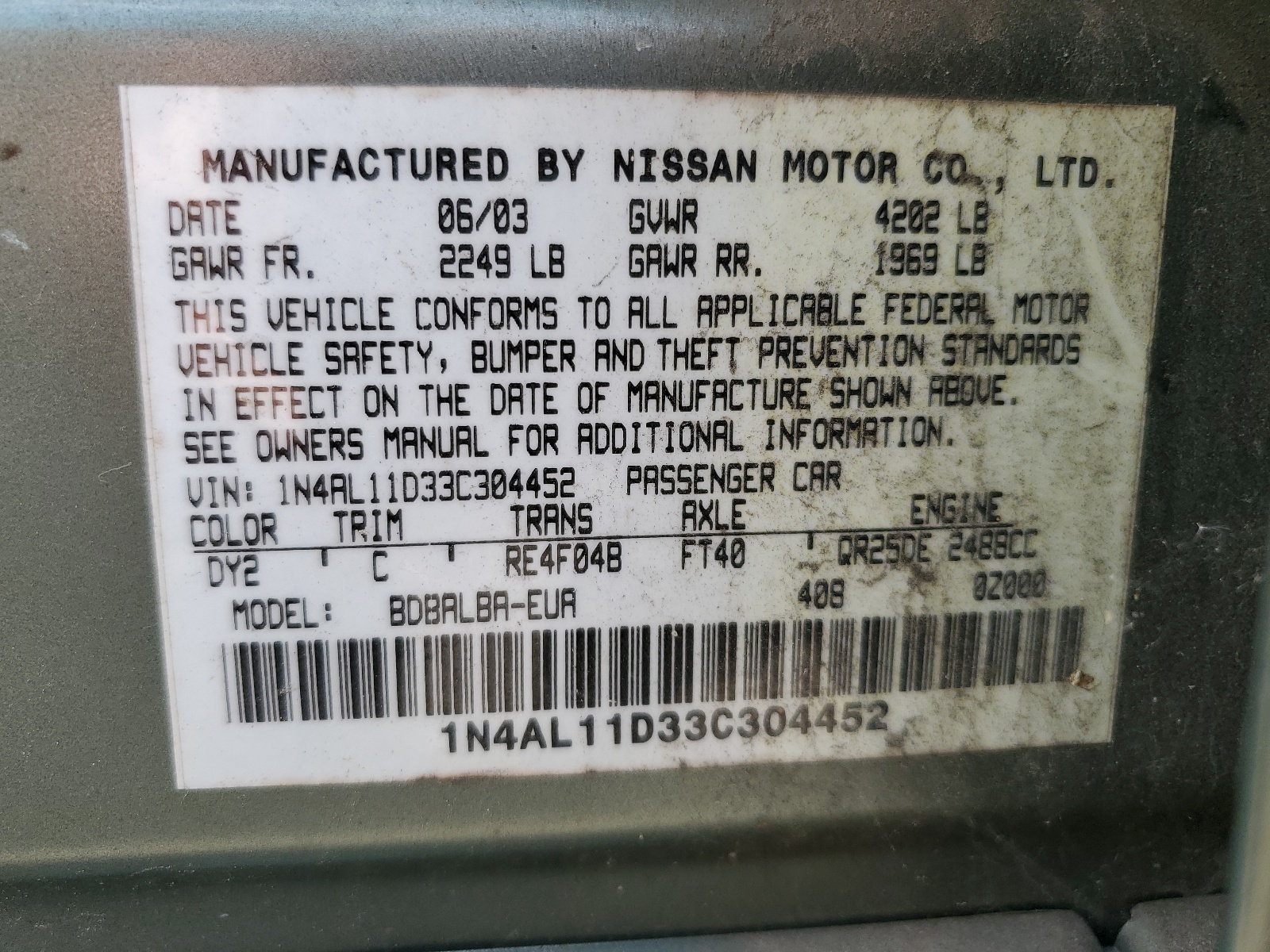 1N4AL11D33C304452 2003 Nissan Altima Base
