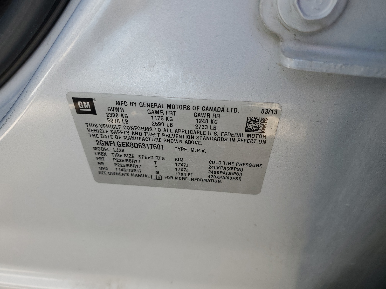 2GNFLGEK8D6317601 2013 Chevrolet Equinox Ltz