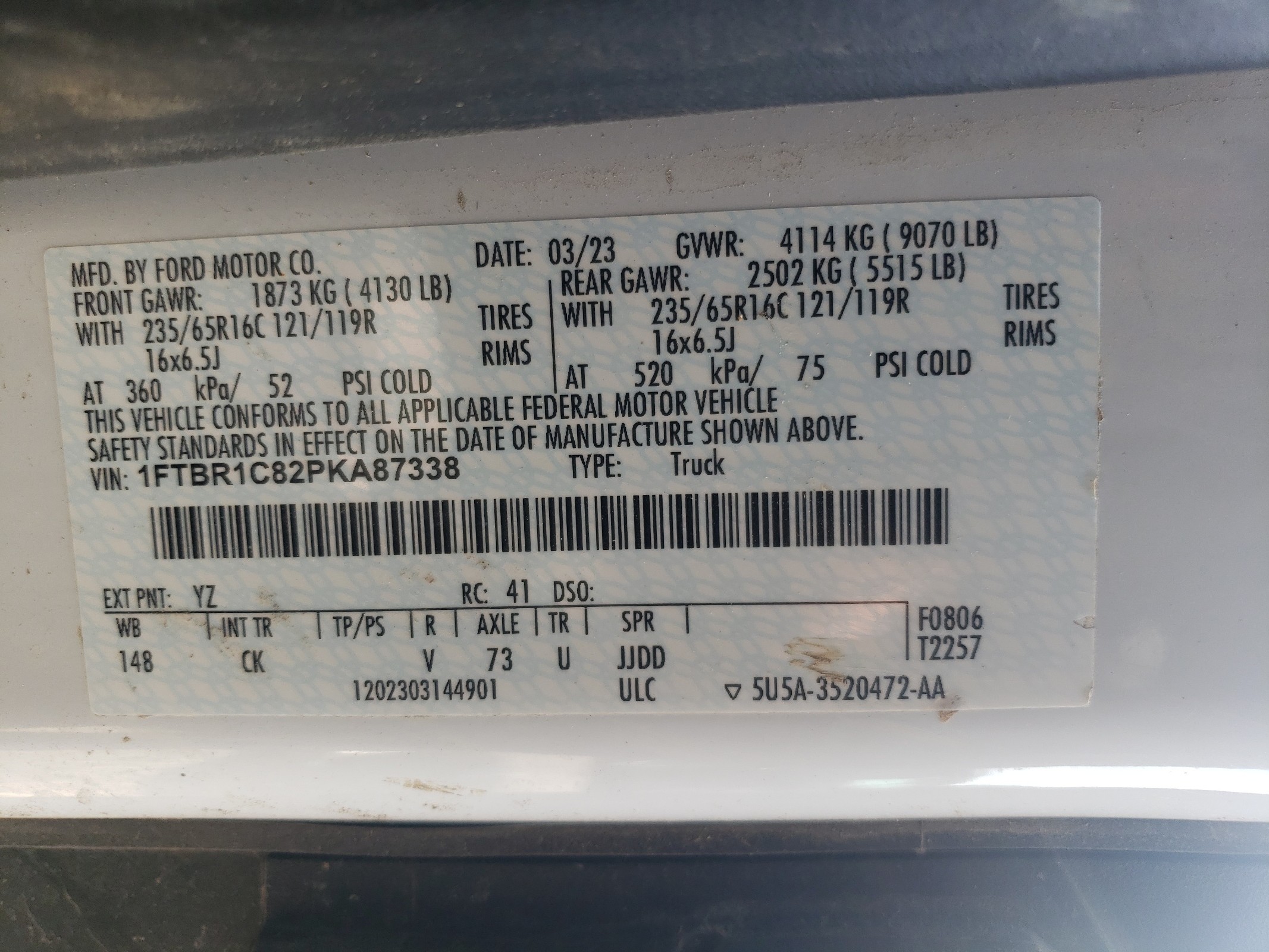 1FTBR1C82PKA87338 2023 Ford Transit T-250