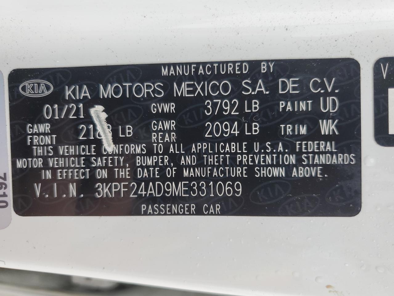 2021 Kia Forte Fe VIN: 3KPF24AD9ME331069 Lot: 54428644