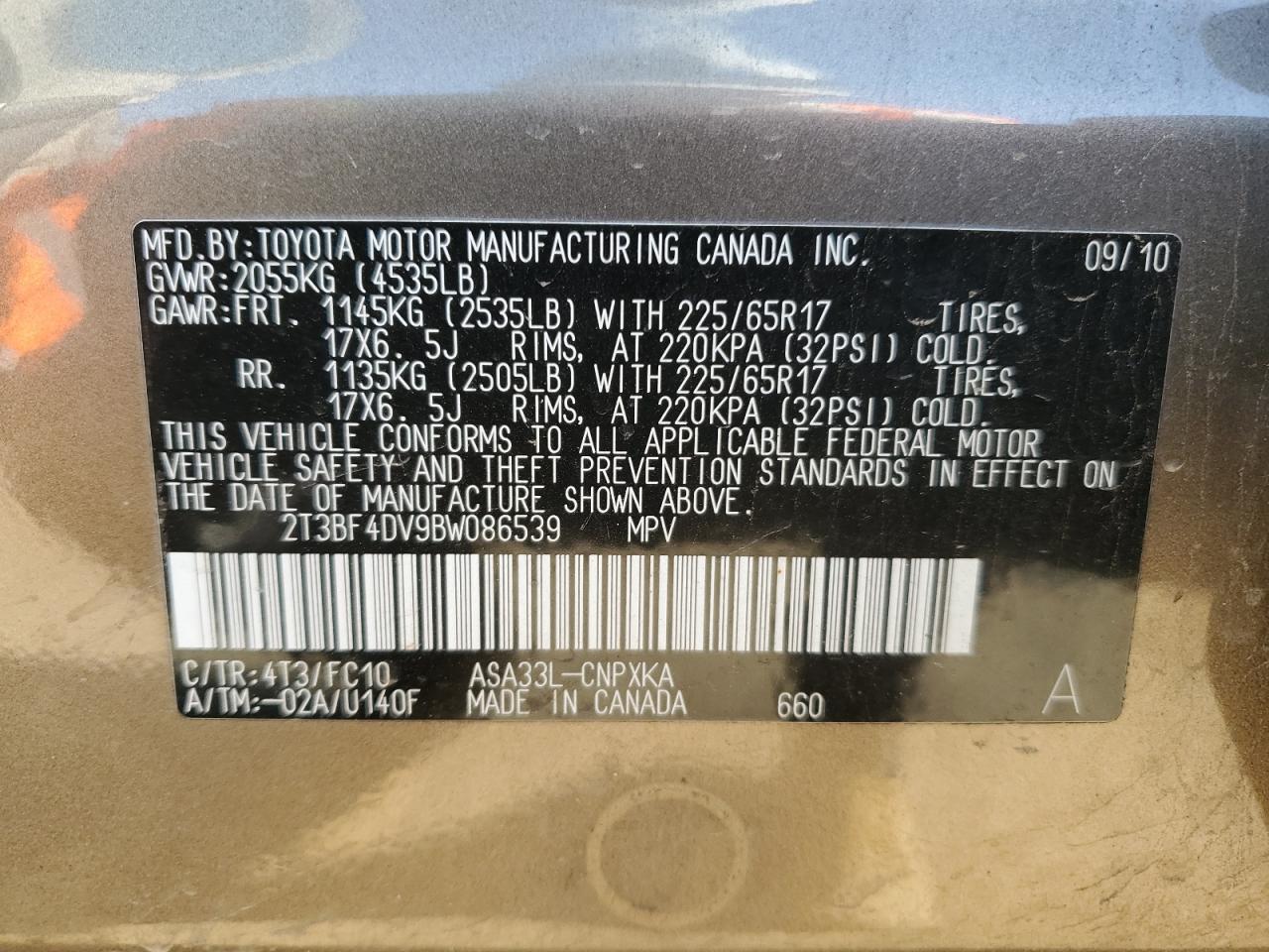 2011 Toyota Rav4 VIN: 2T3BF4DV9BW086539 Lot: 53569004