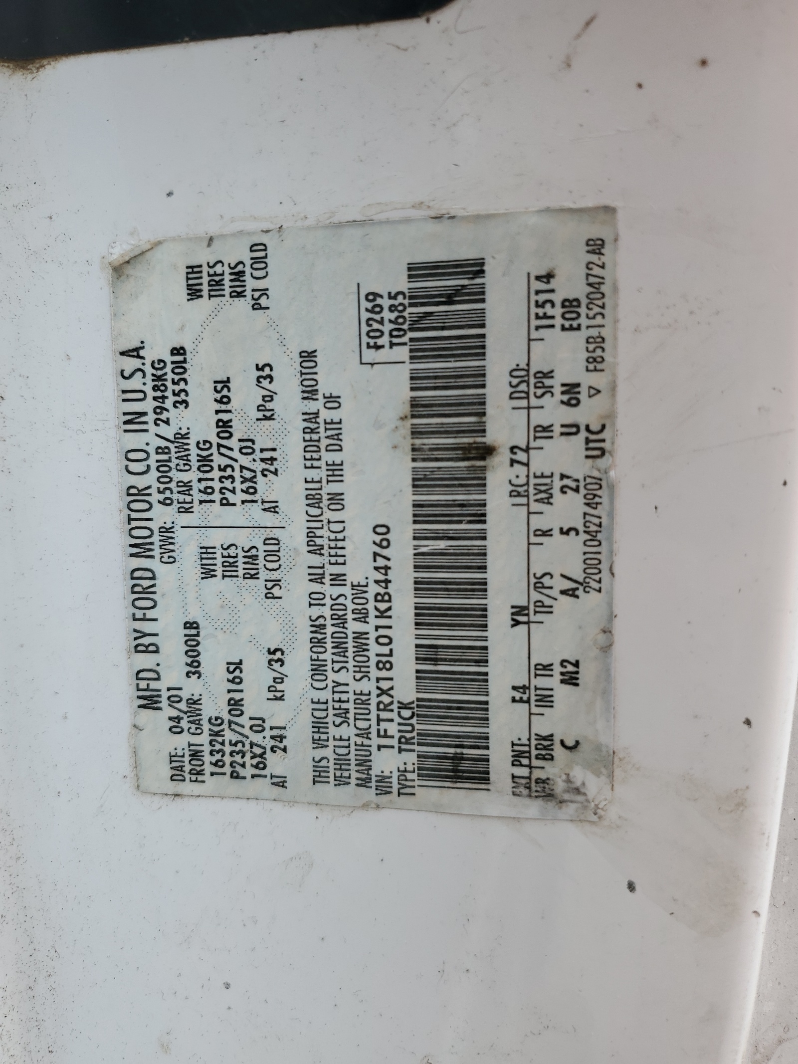 1FTRX18L01KB44760 2001 Ford F150