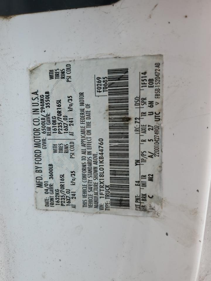 2001 Ford F150 VIN: 1FTRX18L01KB44760 Lot: 53489584