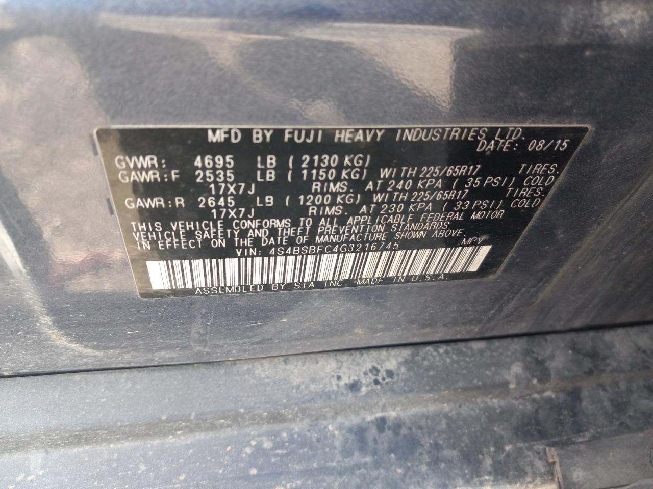 4S4BSBFC4G3216745 2016 Subaru Outback 2.5I Premium