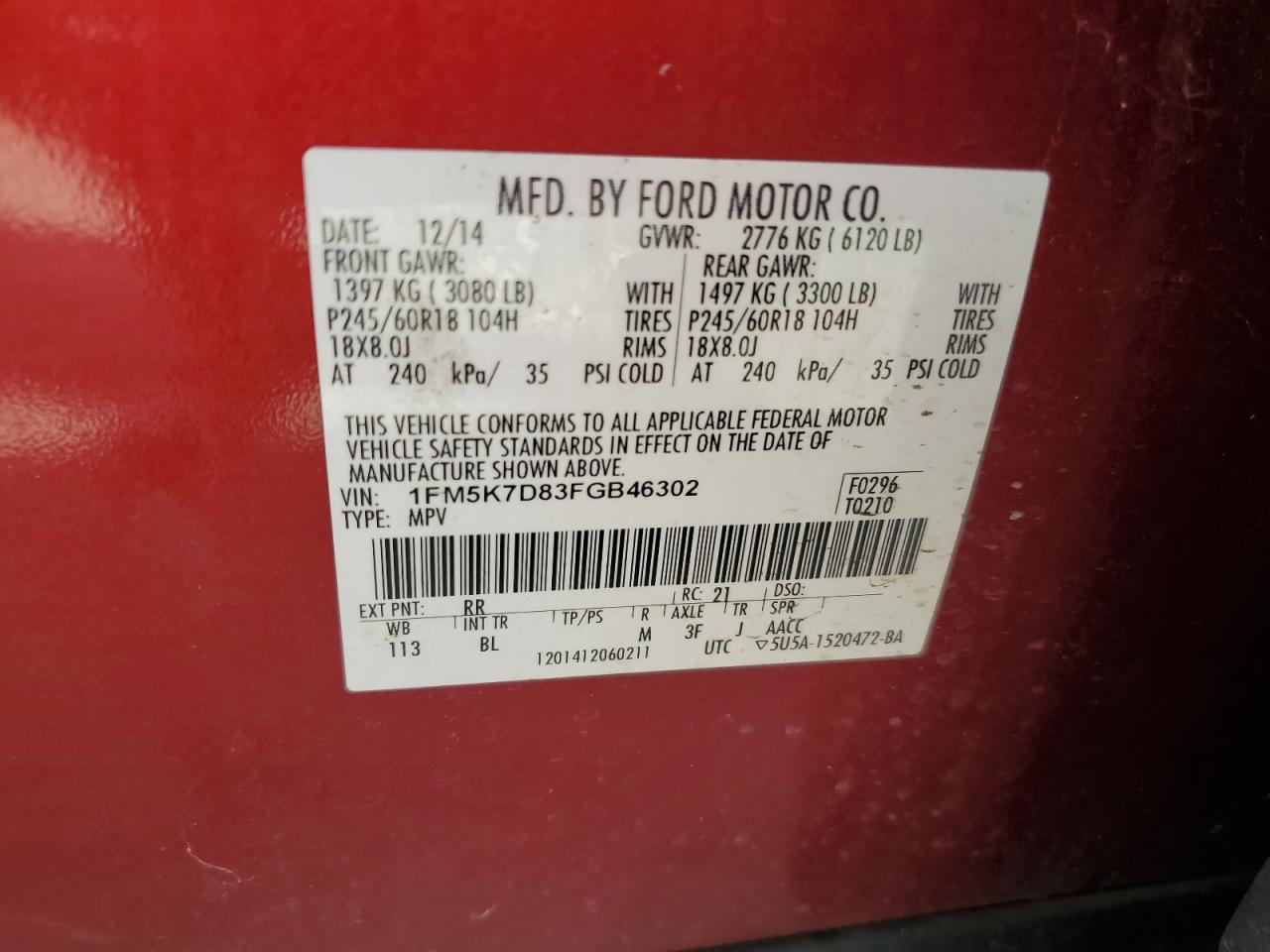 2015 Ford Explorer Xlt VIN: 1FM5K7D83FGB46302 Lot: 54954694