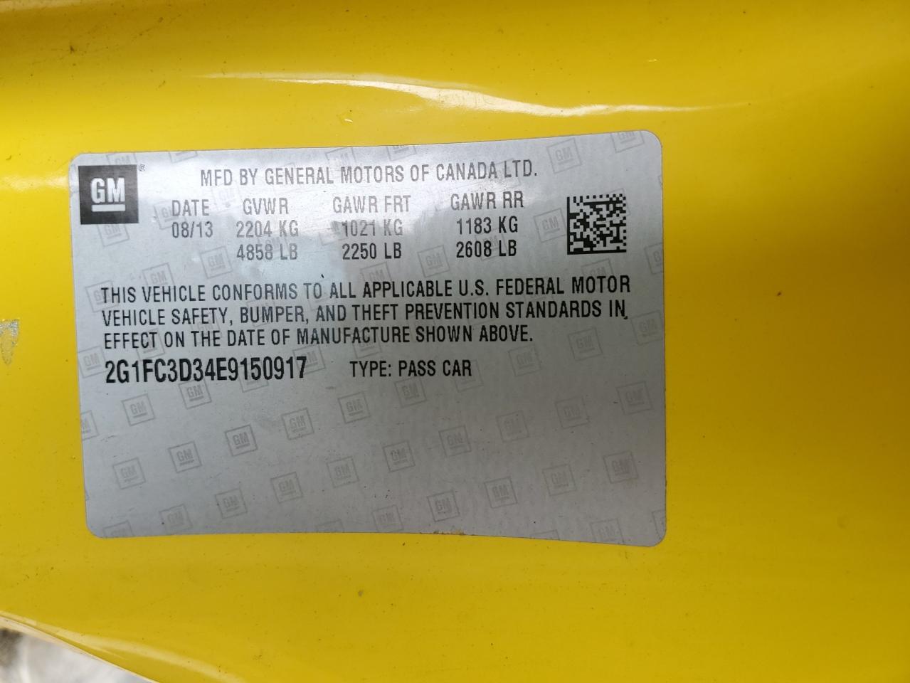 2014 Chevrolet Camaro Lt VIN: 2G1FC3D34E9150917 Lot: 56769954