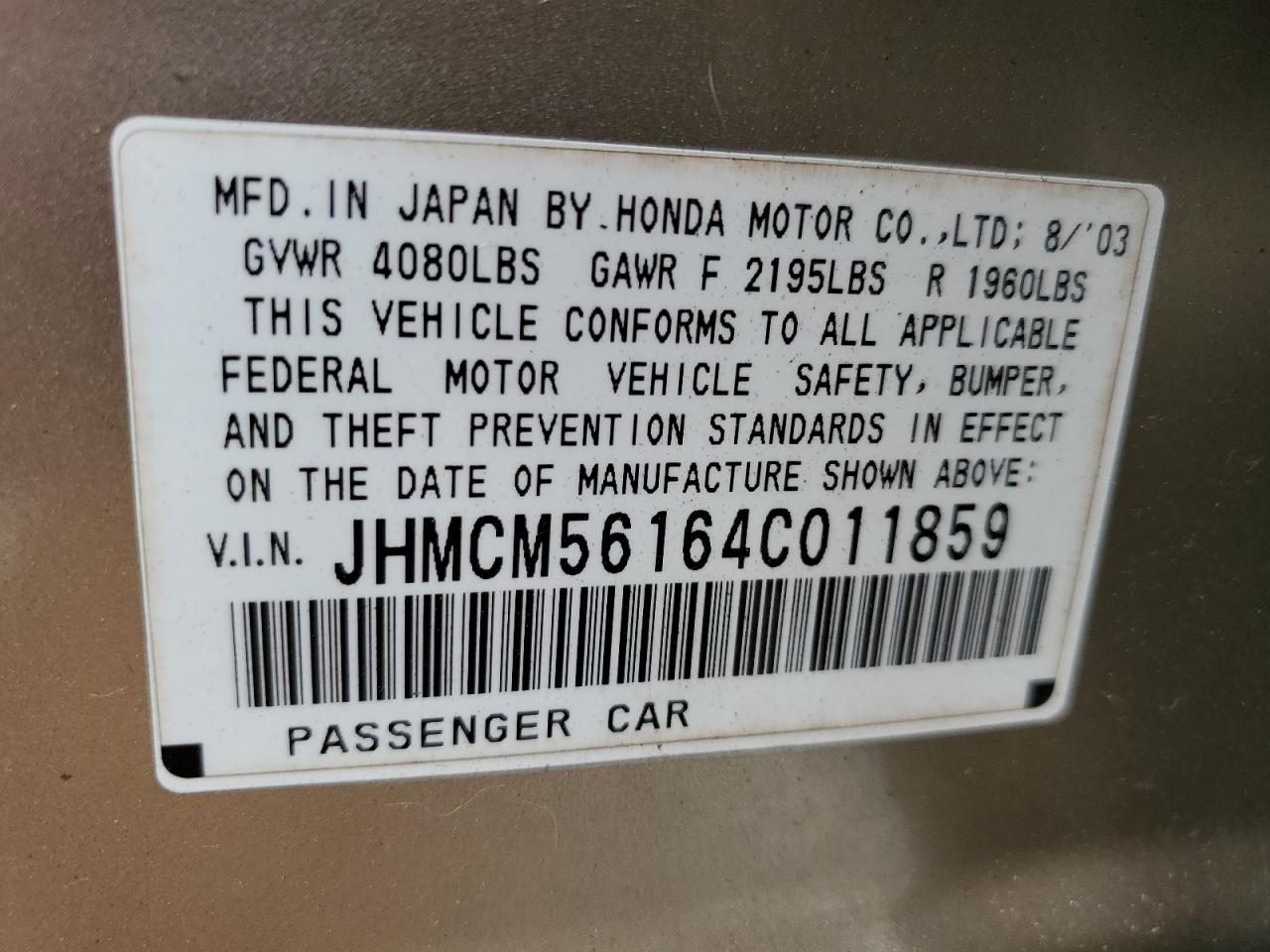 2004 Honda Accord Dx VIN: JHMCM56164C011859 Lot: 56107634