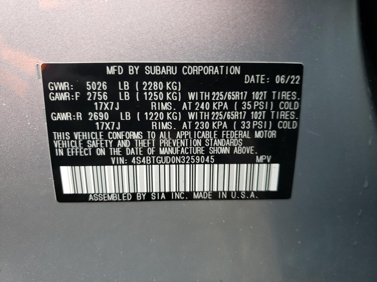 4S4BTGUD0N3259045 2022 Subaru Outback Wilderness