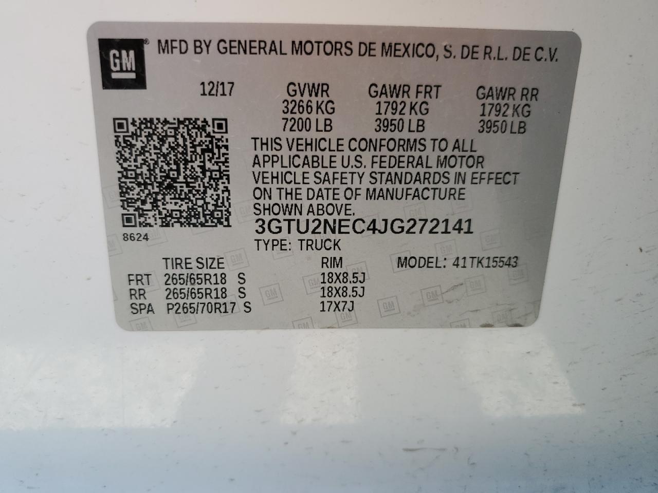 3GTU2NEC4JG272141 2018 GMC Sierra K1500 Slt