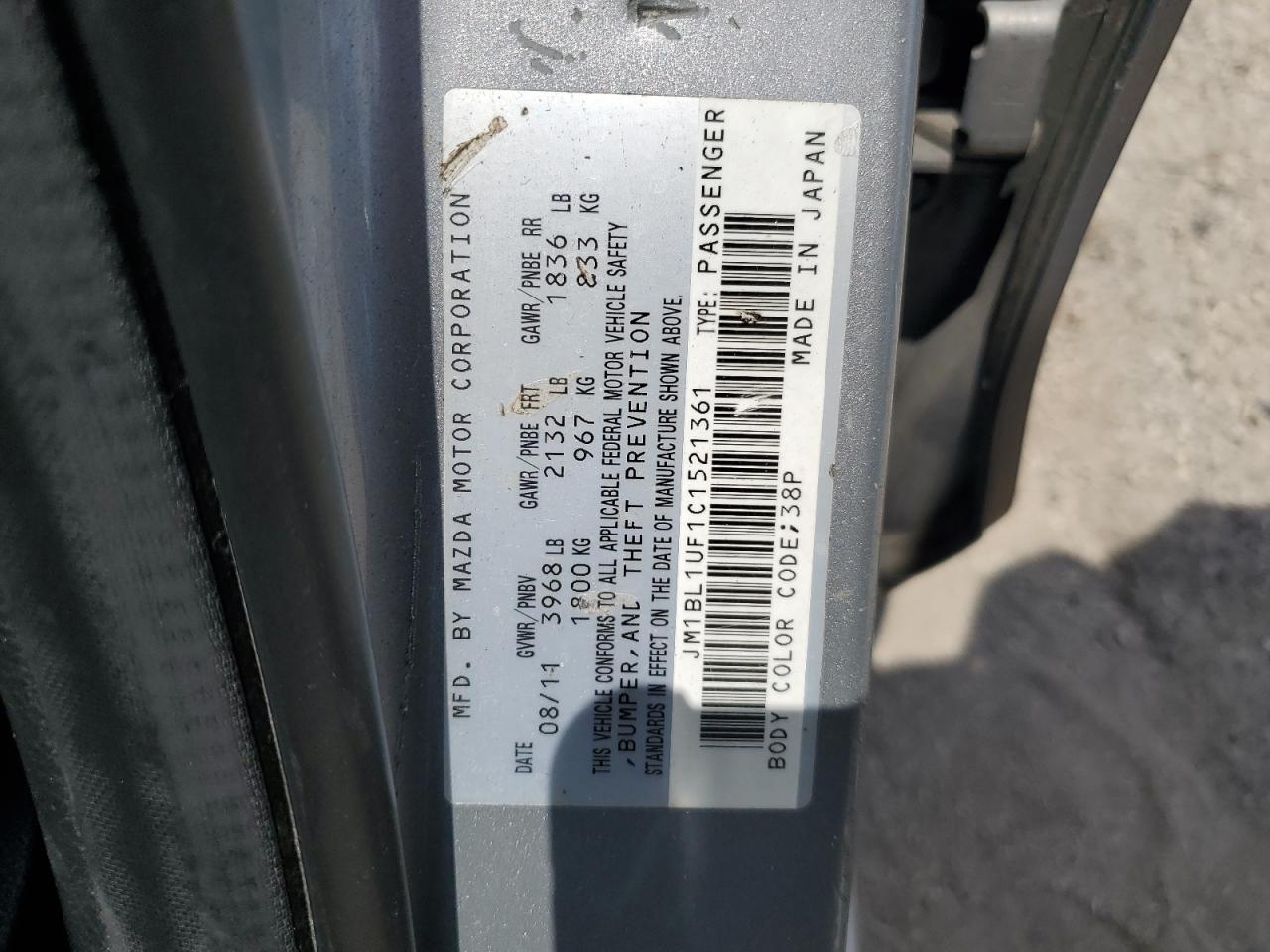 2012 Mazda 3 I VIN: JM1BL1UF1C1521361 Lot: 56468434