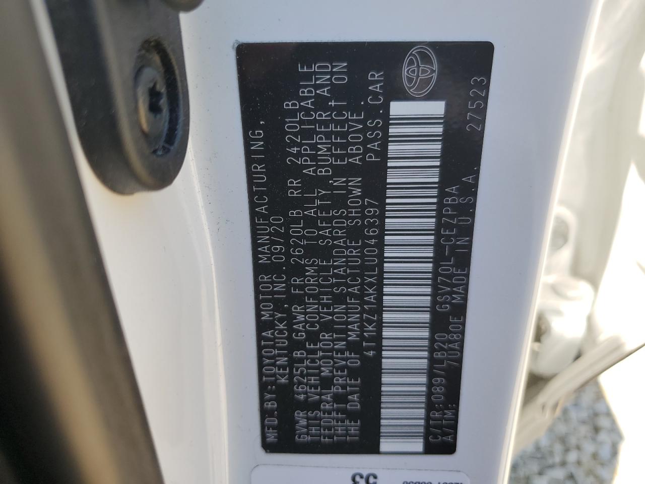 2020 Toyota Camry Trd VIN: 4T1KZ1AKXLU046397 Lot: 53596914