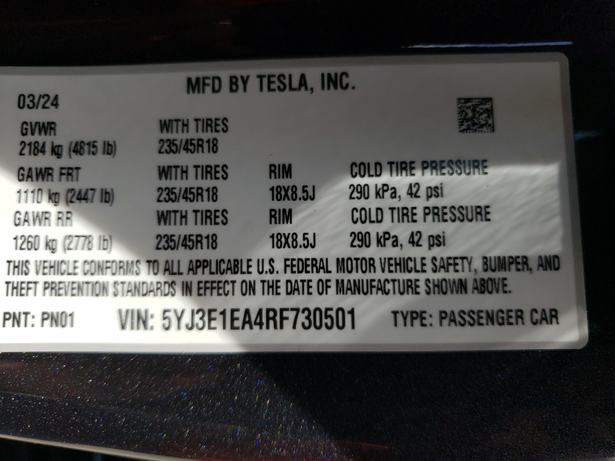 5YJ3E1EA4RF730501 2024 Tesla Model 3