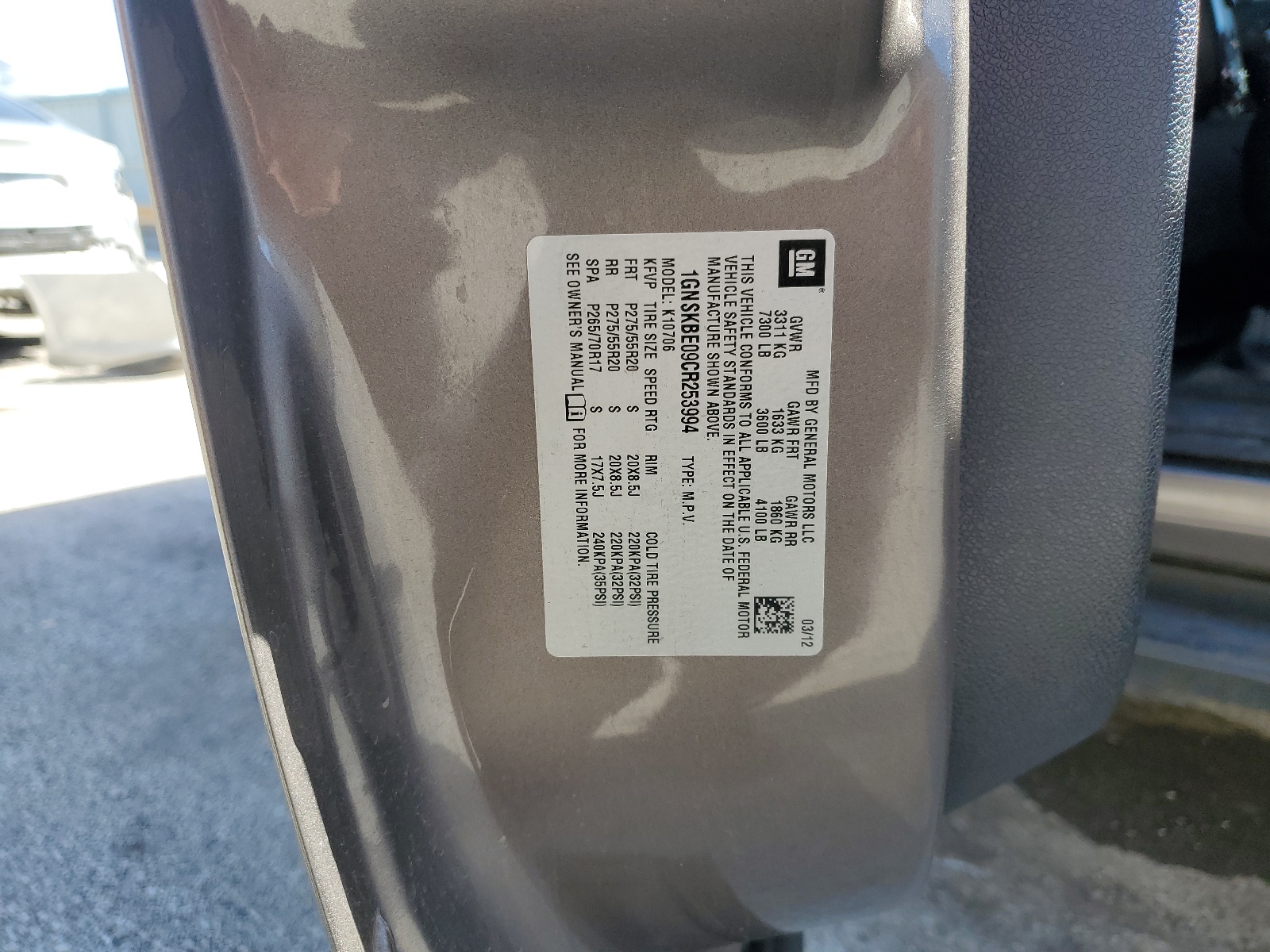 1GNSKBE09CR253994 2012 Chevrolet Tahoe K1500 Lt