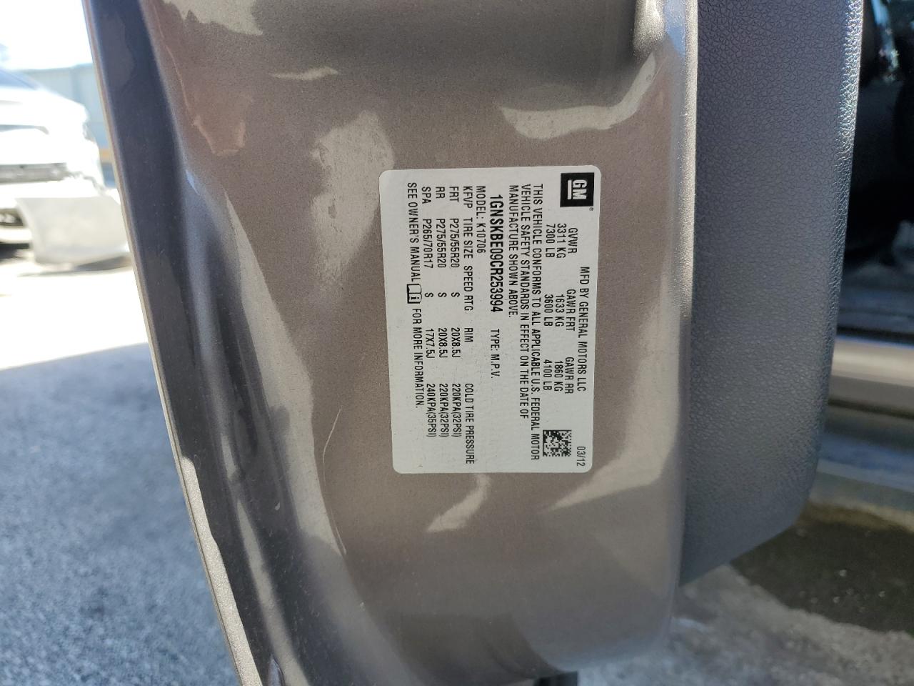 2012 Chevrolet Tahoe K1500 Lt VIN: 1GNSKBE09CR253994 Lot: 55700354