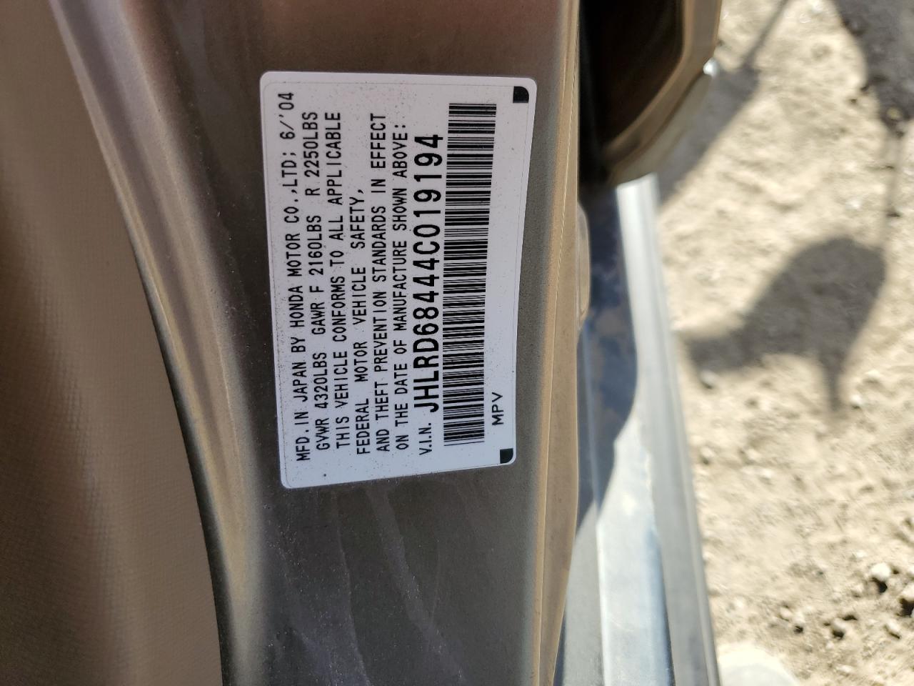 2004 Honda Cr-V Lx VIN: JHLRD68444C019194 Lot: 53077294