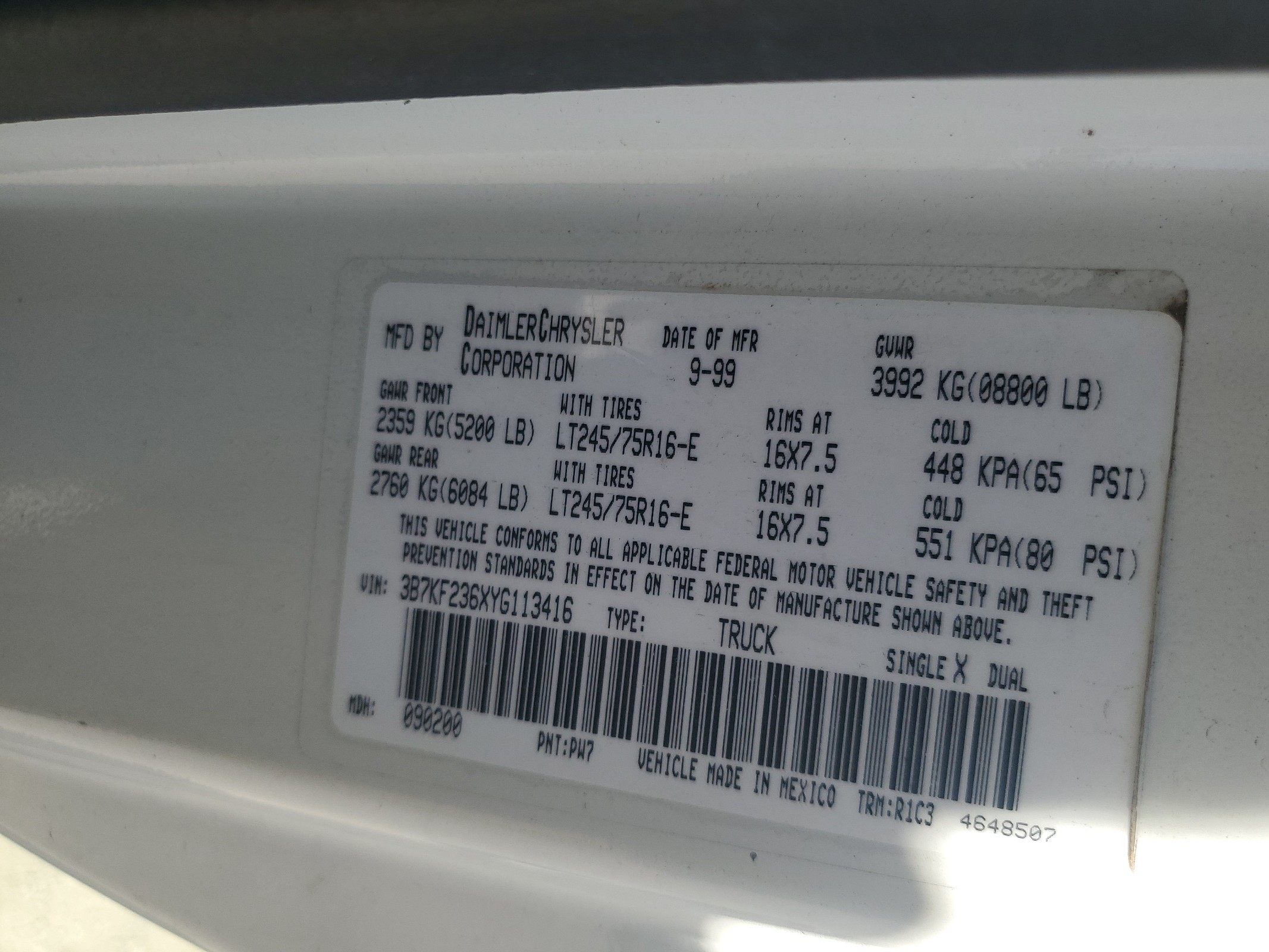 3B7KF236XYG113416 2000 Dodge Ram 2500