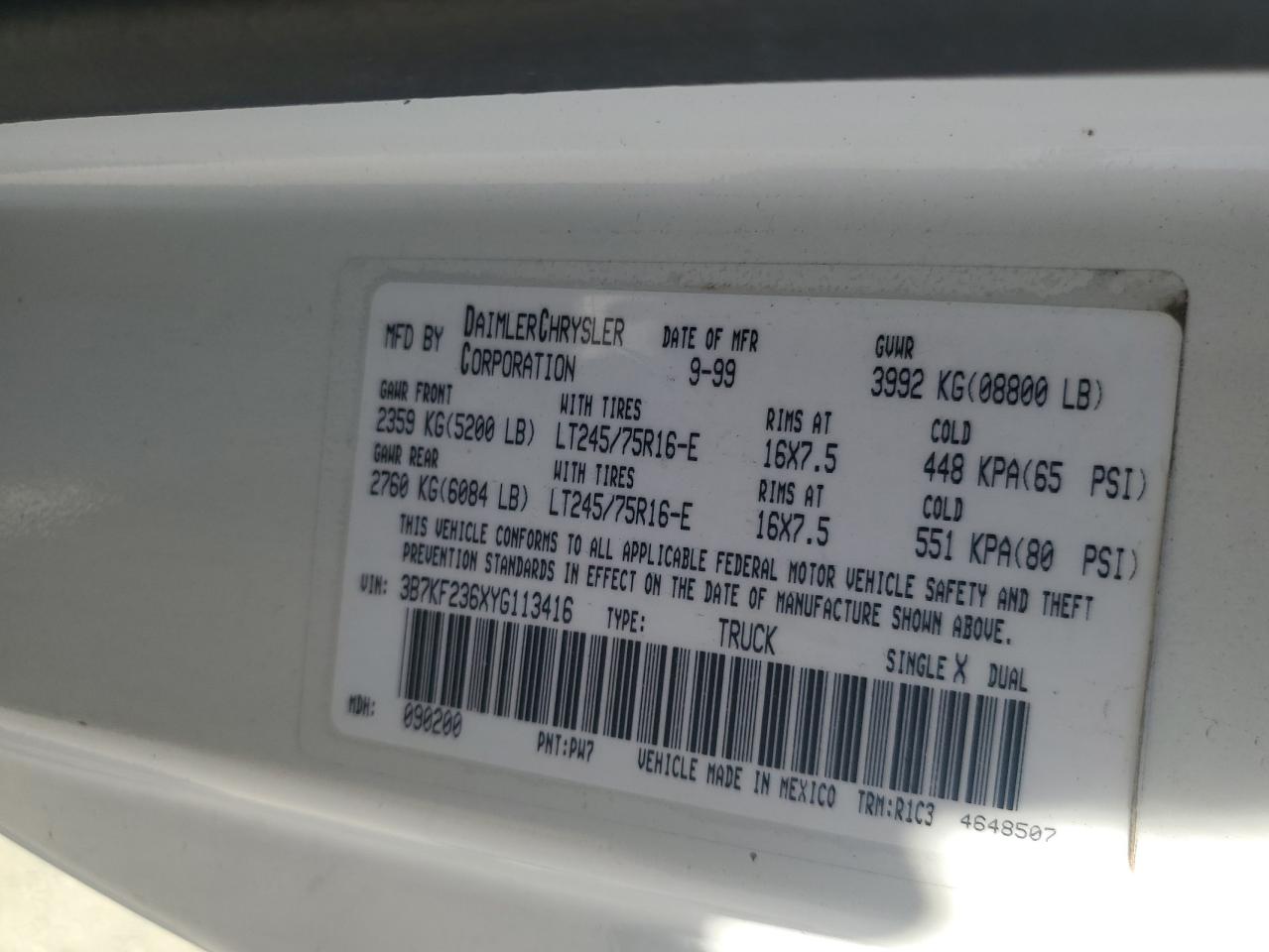 2000 Dodge Ram 2500 VIN: 3B7KF236XYG113416 Lot: 56302364