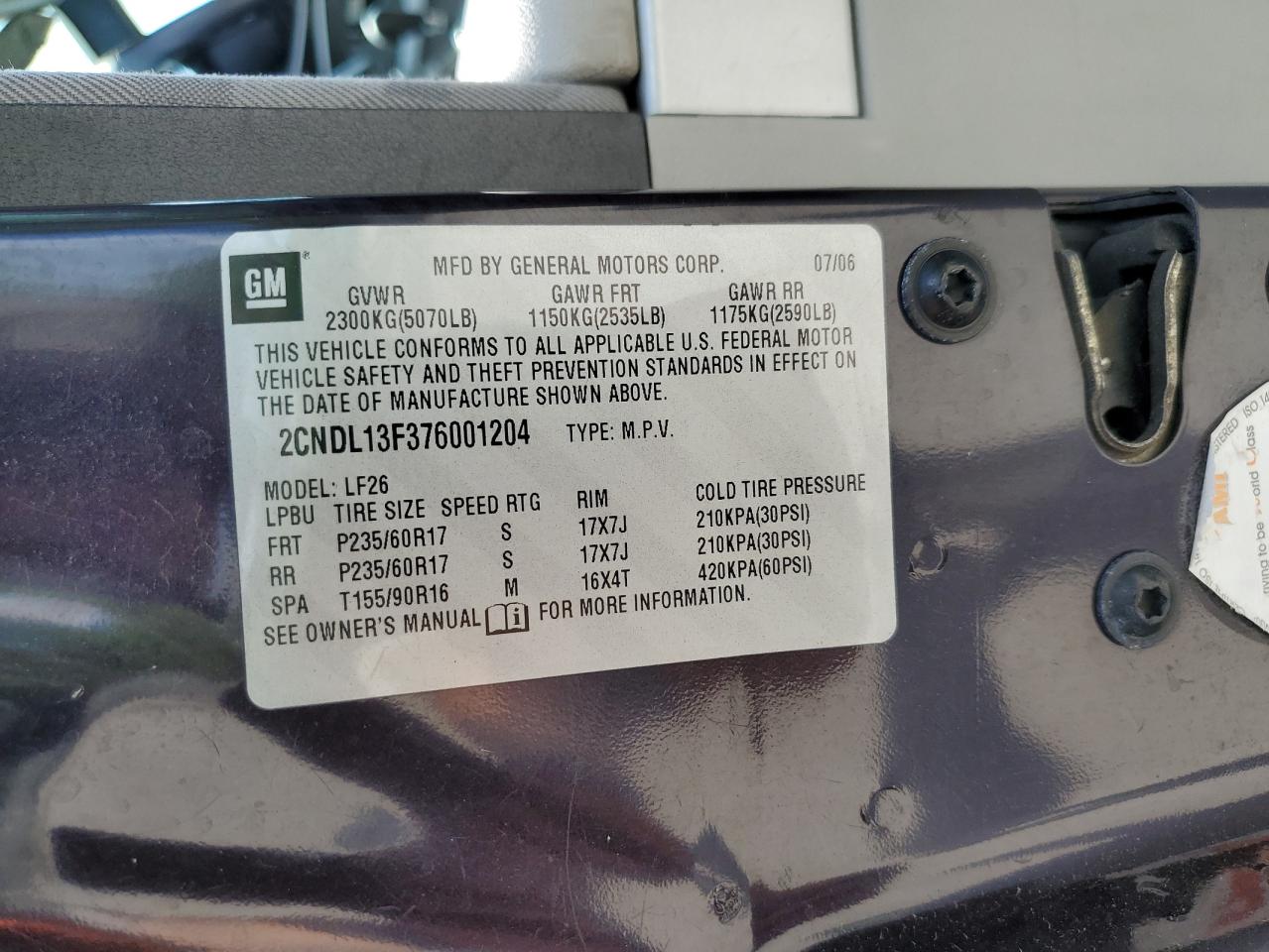 2CNDL13F376001204 2007 Chevrolet Equinox Ls